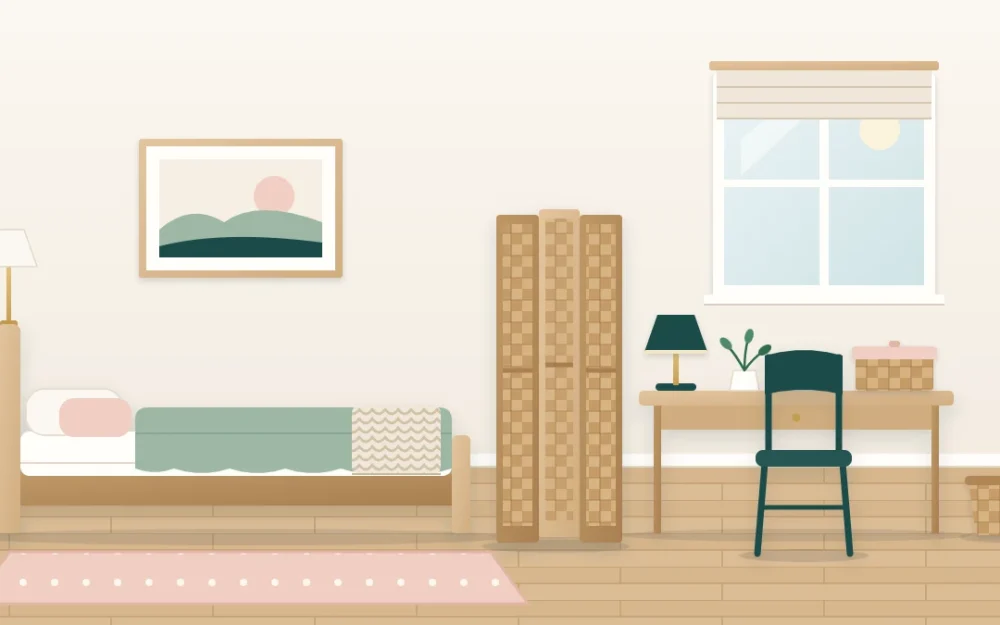 Small bedroom with a slim desk and chair by the window at the foot of the bed, a desk lamp, a lidded box and a folding screen