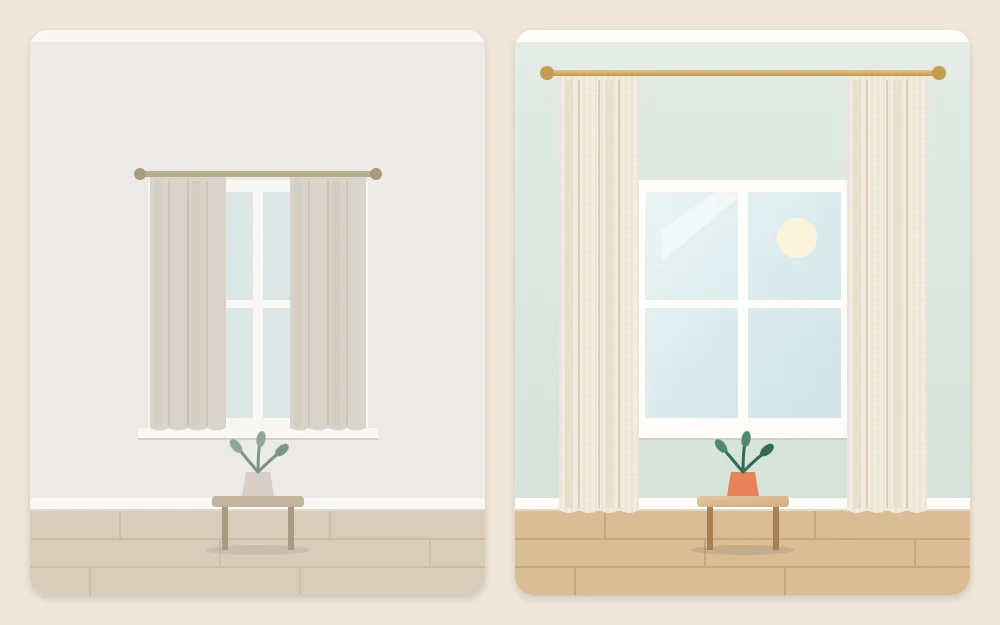The same window drawn twice: a short low rod with sill-length curtains covering the glass, and a high wide rod with floor-length curtains