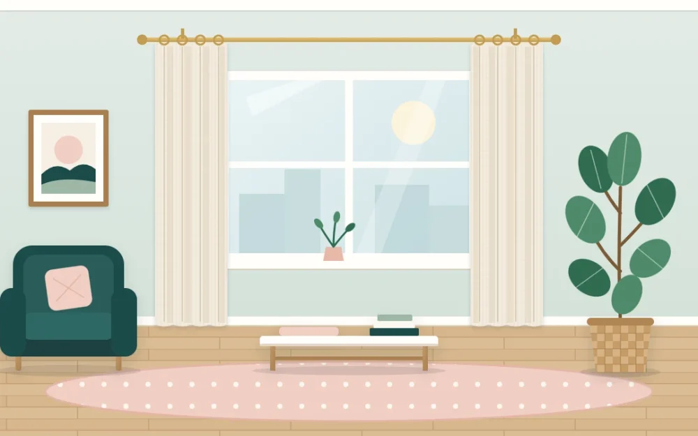 A small living room window with full-length light linen curtains on a slim rod set high and wide, beside an armchair and a plant