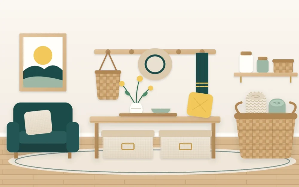 Living room corner with a large woven basket holding a rolled throw, a low bench with two lidded boxes beneath and a round tray on top
