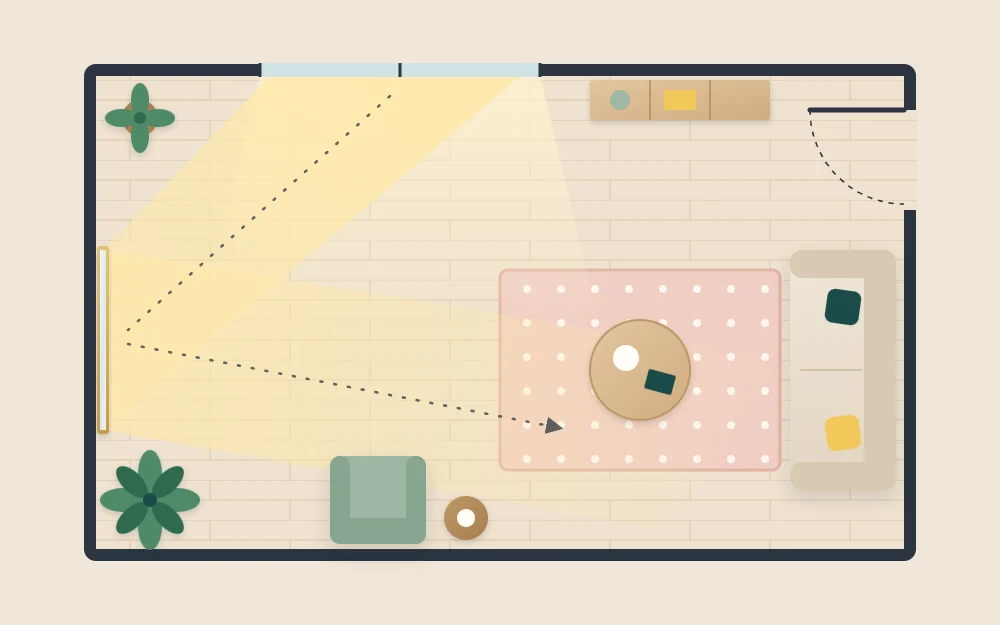 Floor plan of a small room with a window and a mirror on the adjacent wall bouncing daylight inward