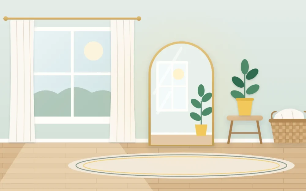 Large arched floor mirror leaning beside a window, reflecting daylight and a plant, with a stool and a woven basket