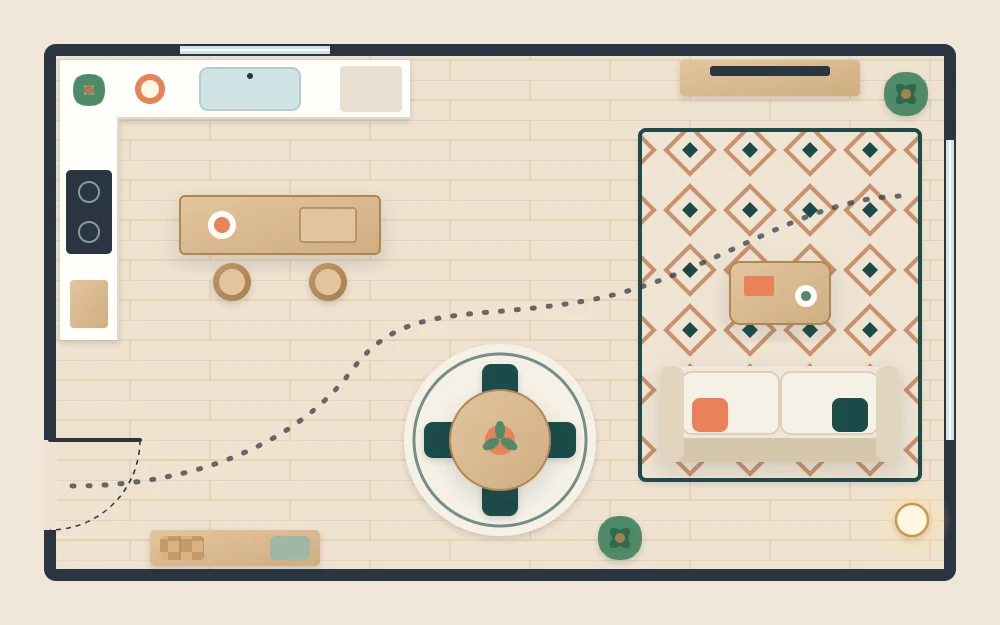 Top-down floor plan of an open room with a kitchen counter, dining table and sofa area, one accent color repeated in each and a clear path through
