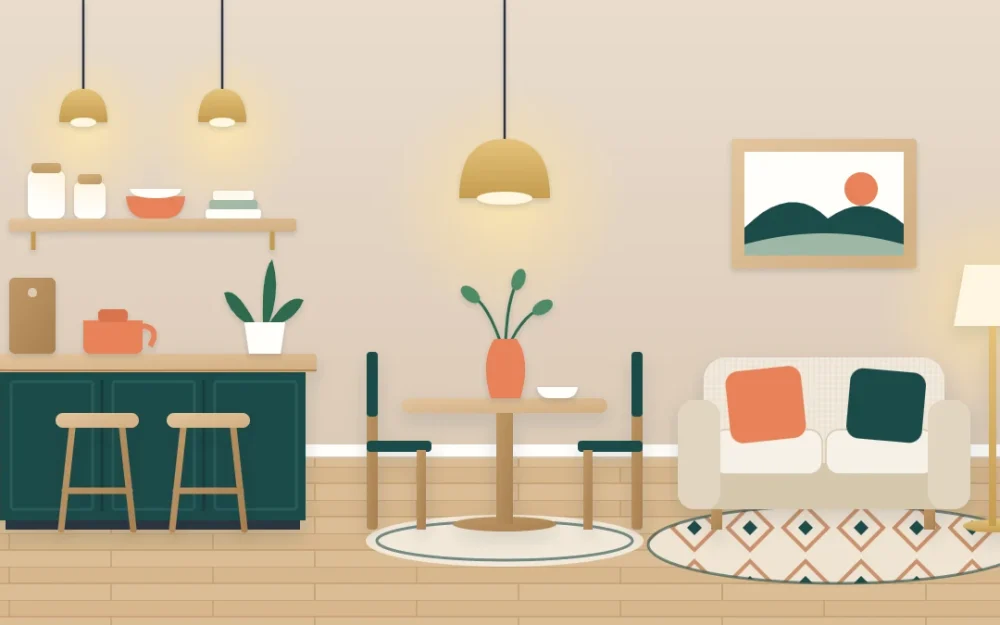 Small open-plan room with a kitchen counter and two stools, a round dining table and a sofa on a rug, the same apricot accent repeated in each area