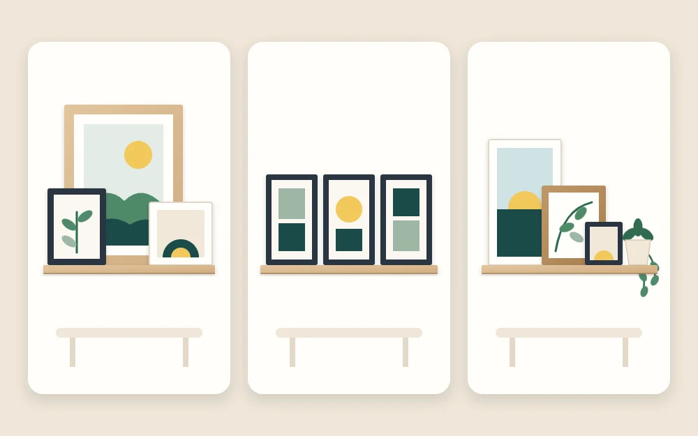Three ledge arrangements: one large frame overlapped by two small ones, a row of three equal frames, and a relaxed mix with a plant