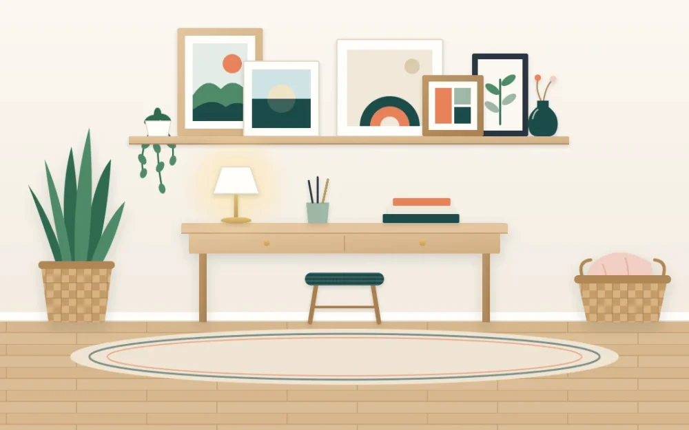 A long picture ledge above a small desk holding five overlapping frames of different sizes, a tiny trailing plant and a small ceramic vase