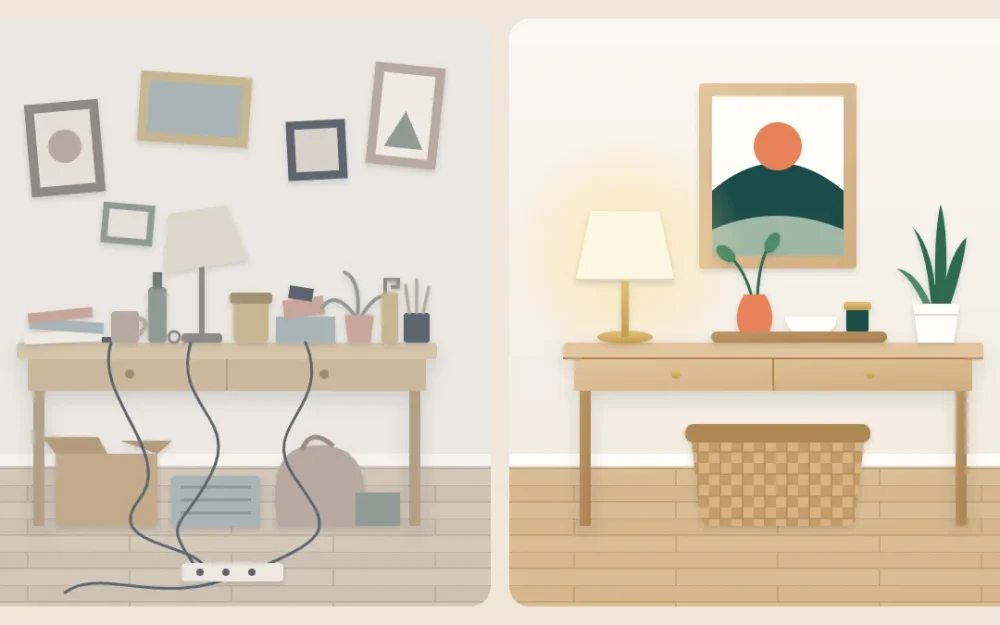 Console table shown twice: covered in scattered objects and tangled cords, then cleared to a lamp, a tray with three items and a plant