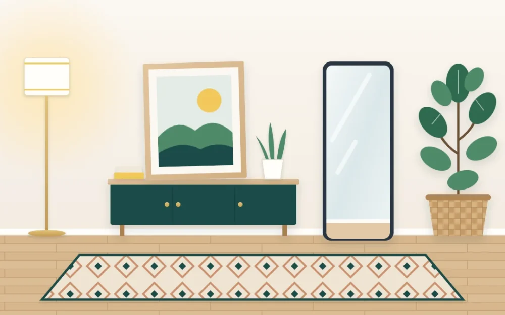 Rental living corner with a large artwork leaning on a low cabinet, a leaning floor mirror, a patterned rug, a floor lamp and two plants