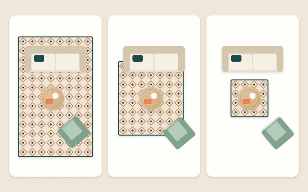 Three top-down diagrams of a sofa, chair and coffee table: all legs on a large rug, front legs on a medium rug, a small rug under the table only
