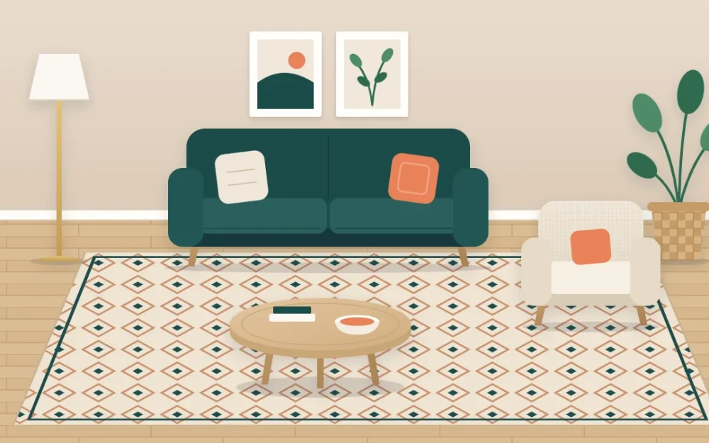 Small living room from slightly above with a large flat-woven diamond-pattern rug under the front legs of a sofa and armchair and a round coffee table