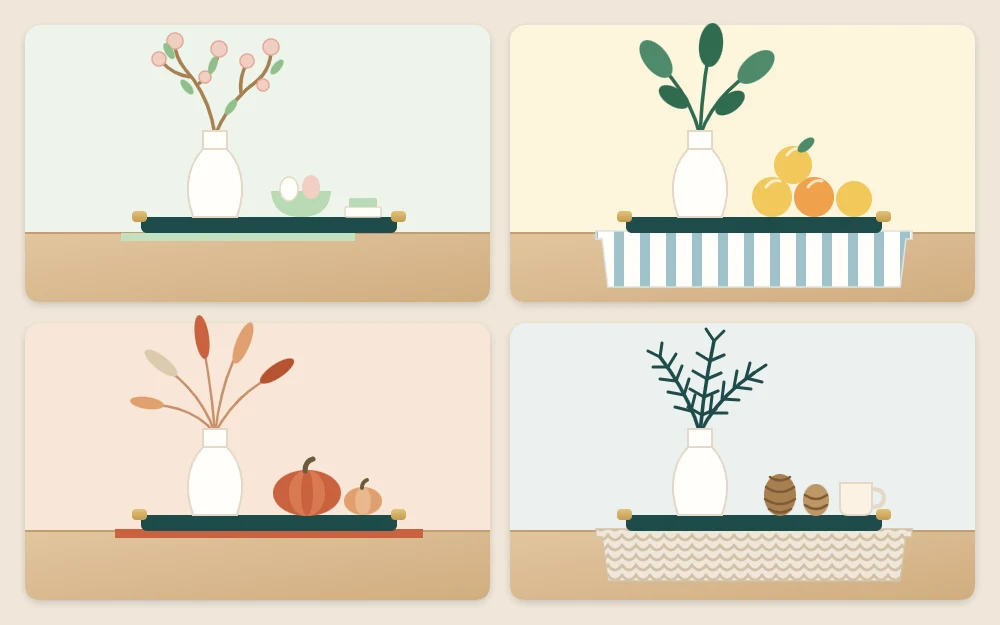 Four tiles showing the same tray and vase restyled for spring, summer, fall and winter with seasonal stems and colors