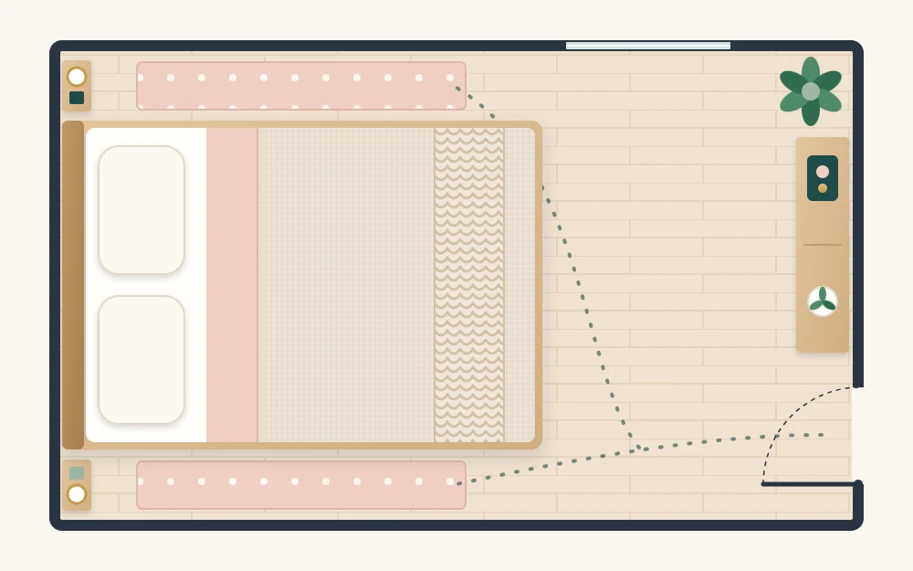 Top-down floor plan of a very small bedroom with the bed centered opposite the door, narrow wall shelves on both sides, two runner rugs and a slim dresser