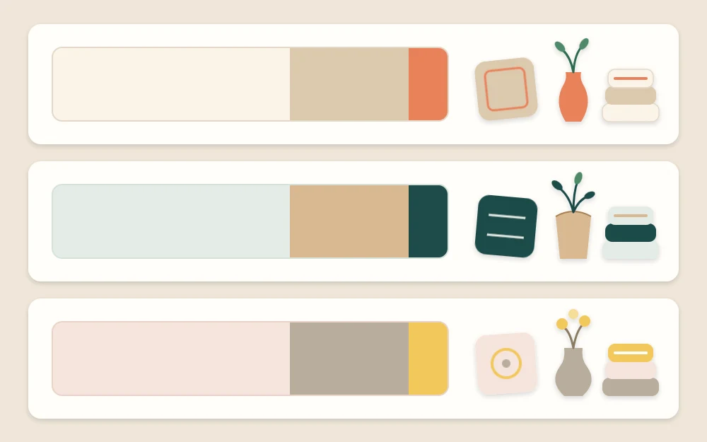 Three palette strips, each with a large light block, a medium neutral block and a small accent block, beside a matching cushion, vase and folded throw