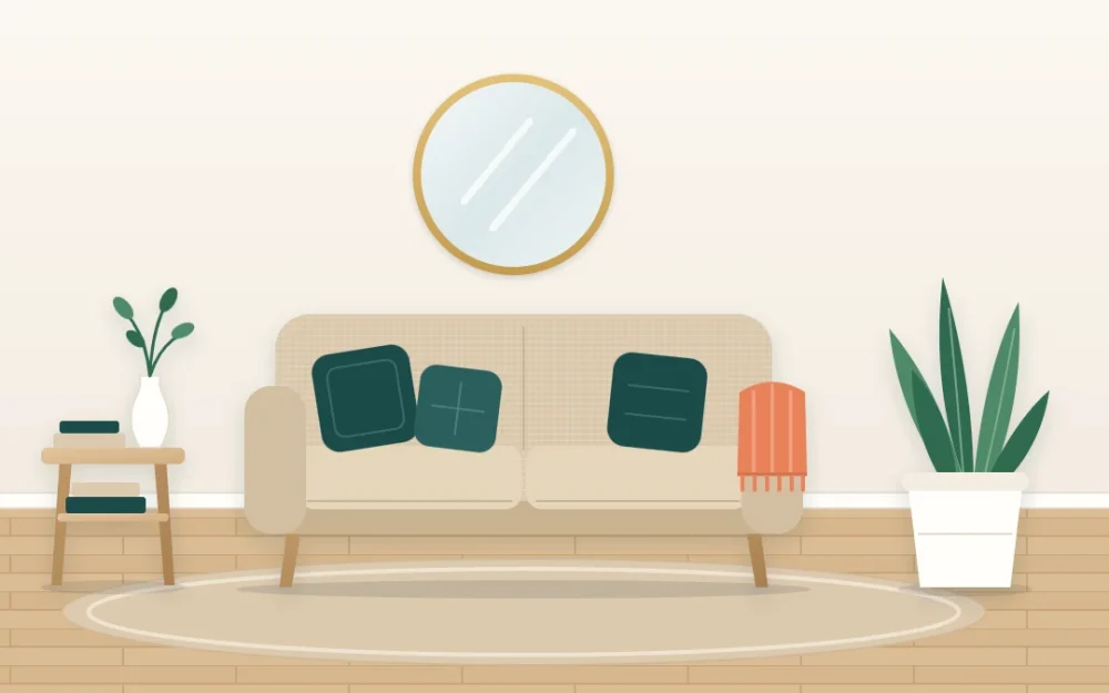 Small sofa corner with a warm white wall, sand sofa and rug, deep pine green cushions, an apricot throw, a plant and a round mirror