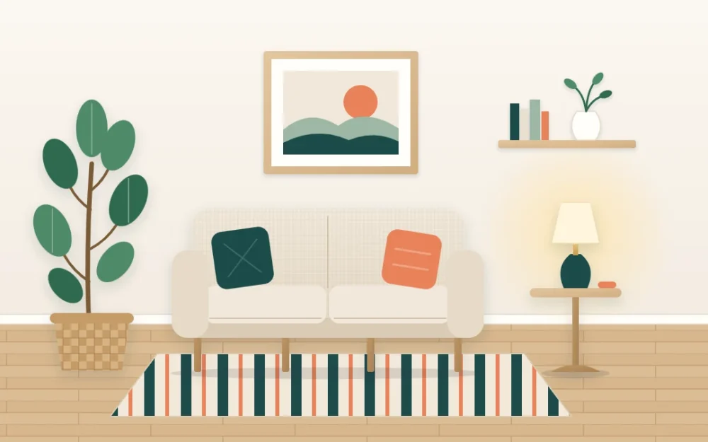 Bright small living area with a pale linen sofa, round side table and lamp, tall plant in a basket, striped rug and one framed abstract print