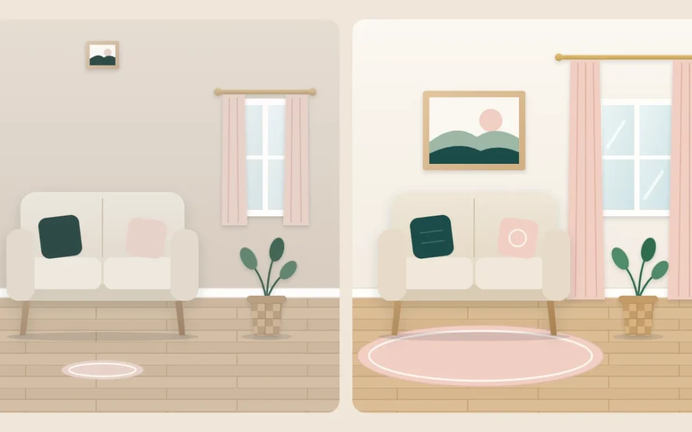 The same sofa wall twice: a tiny rug, a small picture hung too high and short curtains, then a larger rug, lowered picture and long curtains