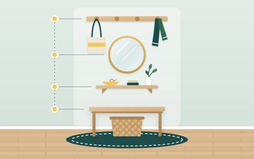 Wall elevation of a compact entry with a row of hooks at the top, a round mirror, a slim shelf and a narrow bench with a basket on a small mat
