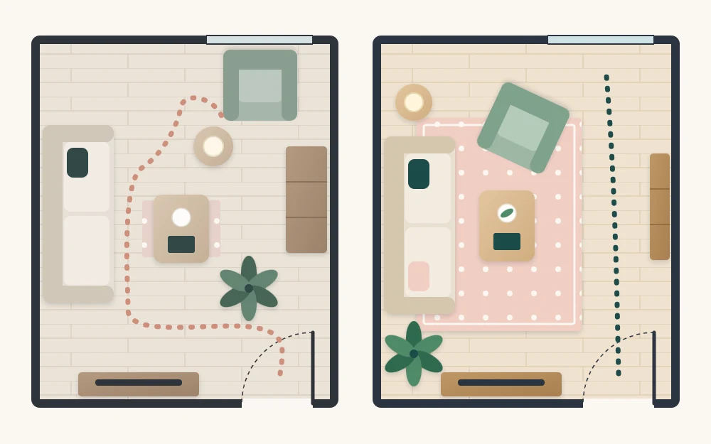 Two top-down plans of one small room: furniture around the edges blocking the window path, and pieces grouped on a rug with a clear path