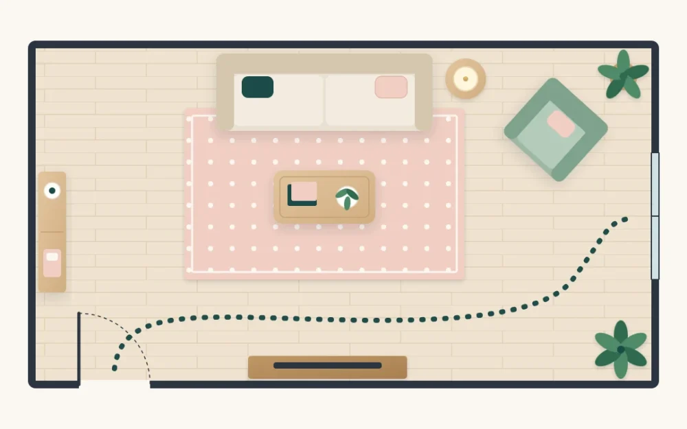 Top-down plan of a small living room with a sofa on the long wall, rug and coffee table, angled armchair, slim console and a dotted walking path