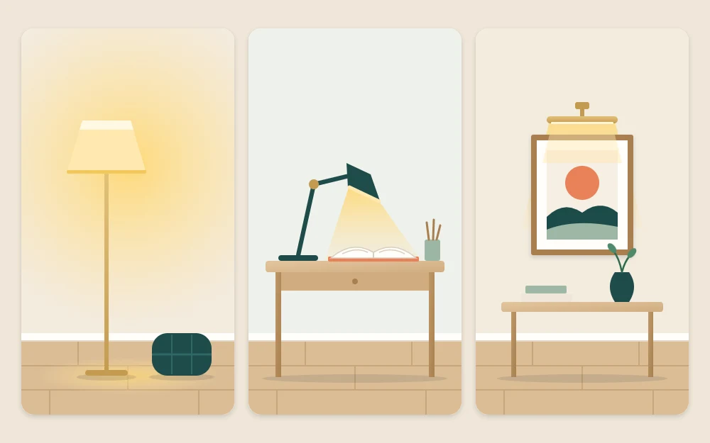 Three tiles: a floor lamp washing a corner, a small adjustable lamp aimed at an open book, and a tiny light on a framed picture