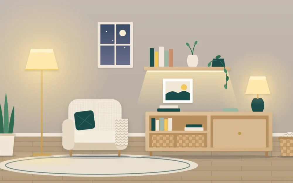 An evening living corner lit by a warm floor lamp beside an armchair, a small table lamp on a shelf and a soft glow under a wall shelf