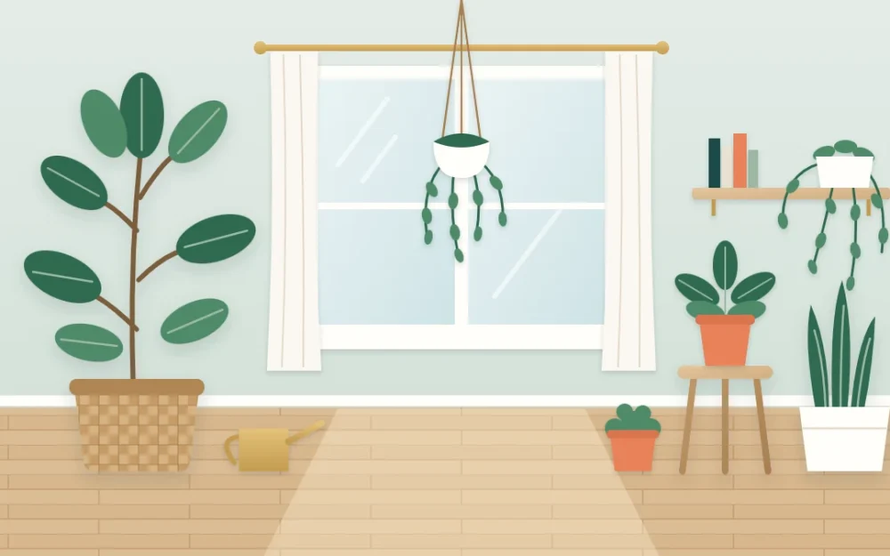 Bright window corner with a tall leafy floor plant in a basket, a trailing plant on a wall shelf and three small potted plants at different heights