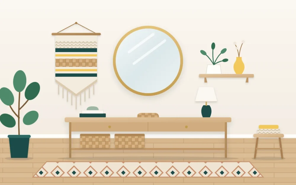 A warm white wall above a slim console with a round mirror, a woven textile hanging and a short shelf holding a small plant and a vase