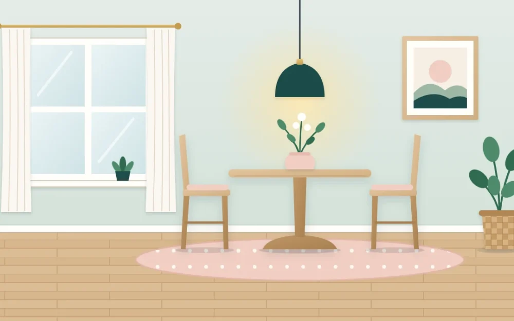 Small dining corner by a window with a round pedestal table, two wooden chairs, a low vase with stems, a framed print and a pendant-style lamp above