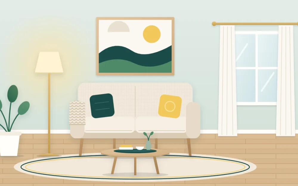 Compact living room with a two-seat sofa on slim legs, round coffee table with a tray, glowing floor lamp, one large abstract artwork and long light curtains