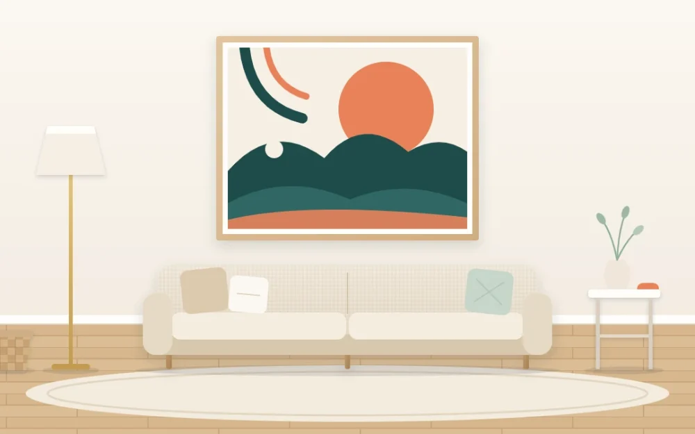 One oversized abstract artwork in apricot and pine green above a low sofa on a small living room wall, with pale, quiet surroundings