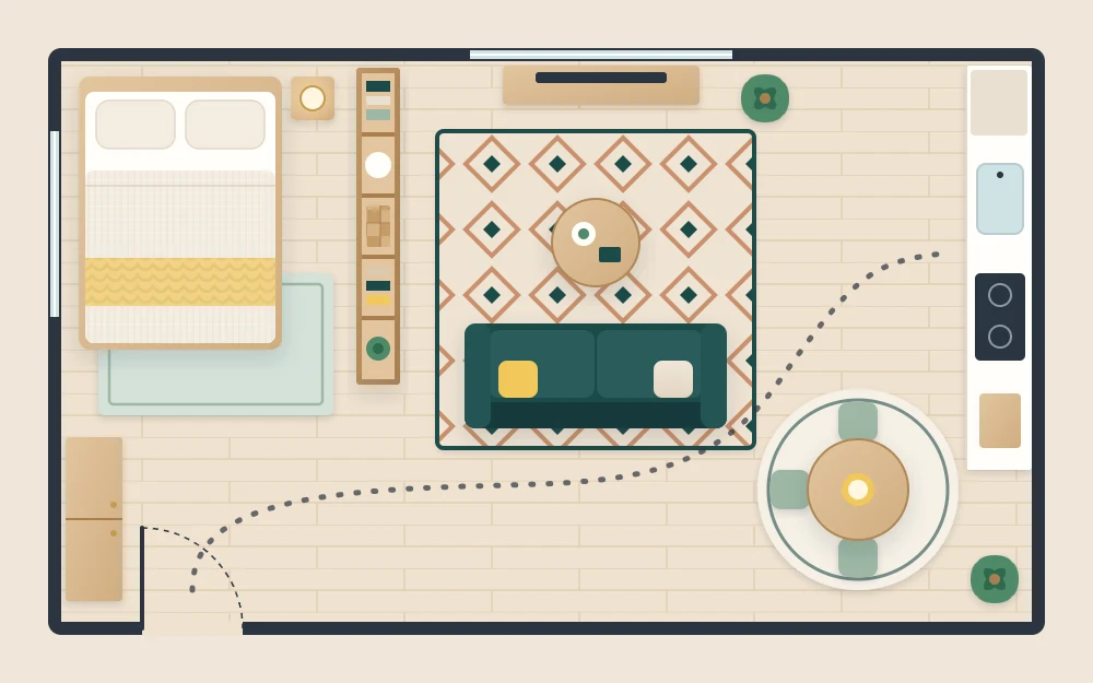 Top-down floor plan of a rectangular studio with a bed behind an open bookcase, a sofa on a rug and a round dining table by the kitchen wall