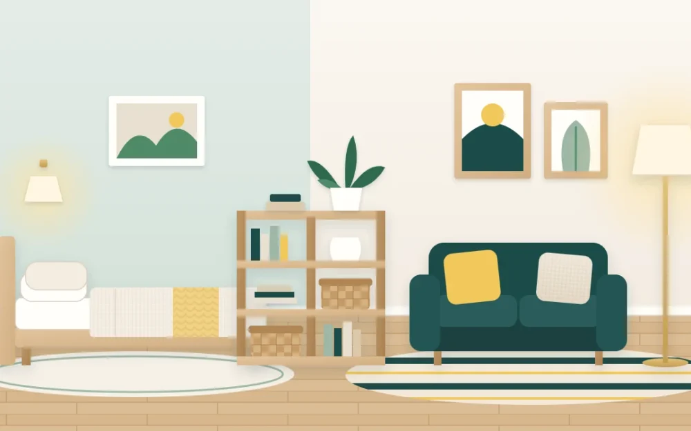 Studio apartment with a bed partly screened by an open low bookcase on the left and a small sofa on its own rug with a floor lamp on the right