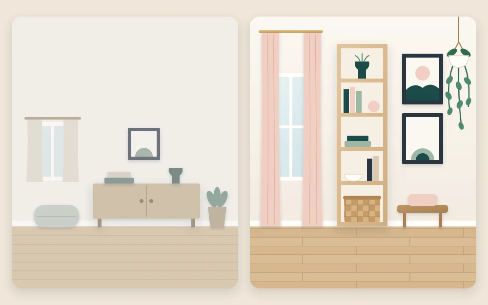 Narrow wall shown twice: low furniture with empty wall above, then a tall bookcase, stacked art and a high plant