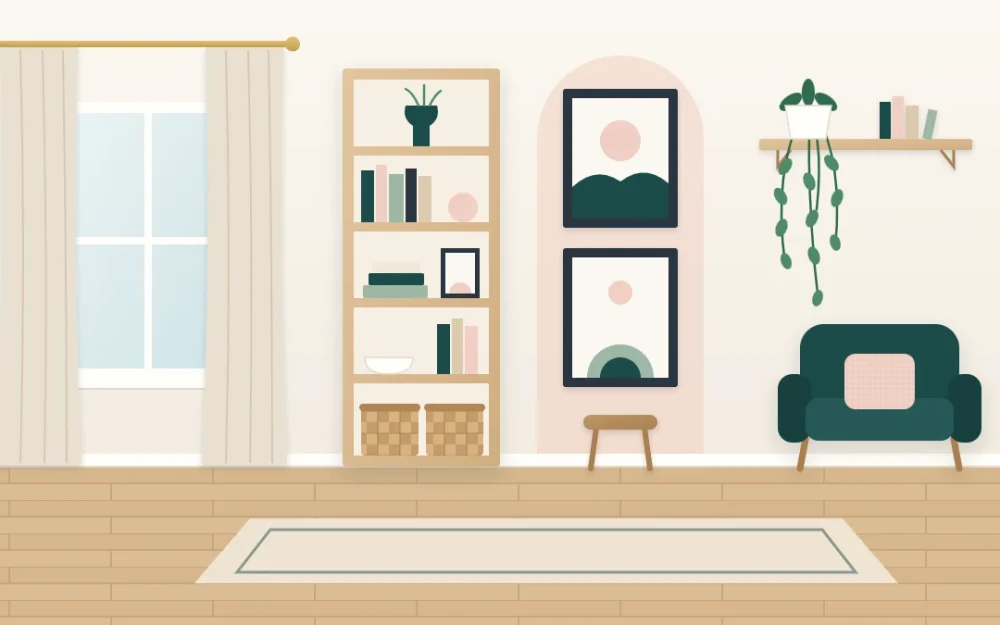 Narrow apartment wall with a tall slim bookcase, two stacked artworks, a trailing plant on a high shelf and floor-length curtains